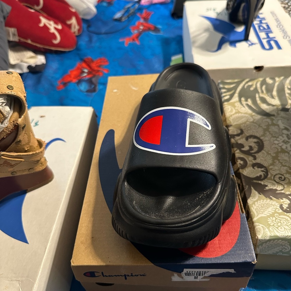 Champion Black Slides with Blue and Red Logo